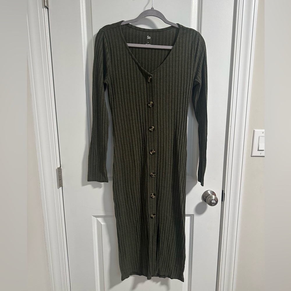 SO Long Sleeve Olive Button-Front Dress